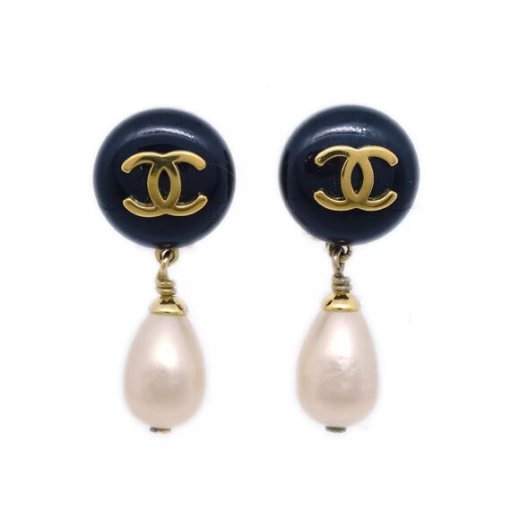 Chanel Artificial Pearl Dangle Earrings Clip-On Black 95P 120505 - Picture 1 of 4